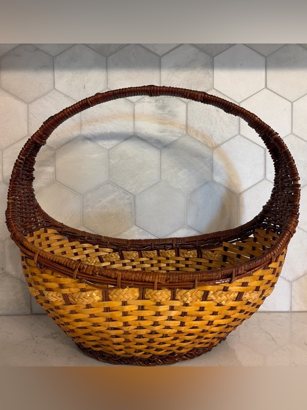 Vintage Large Two-Tone Wicker Bonnet Basket